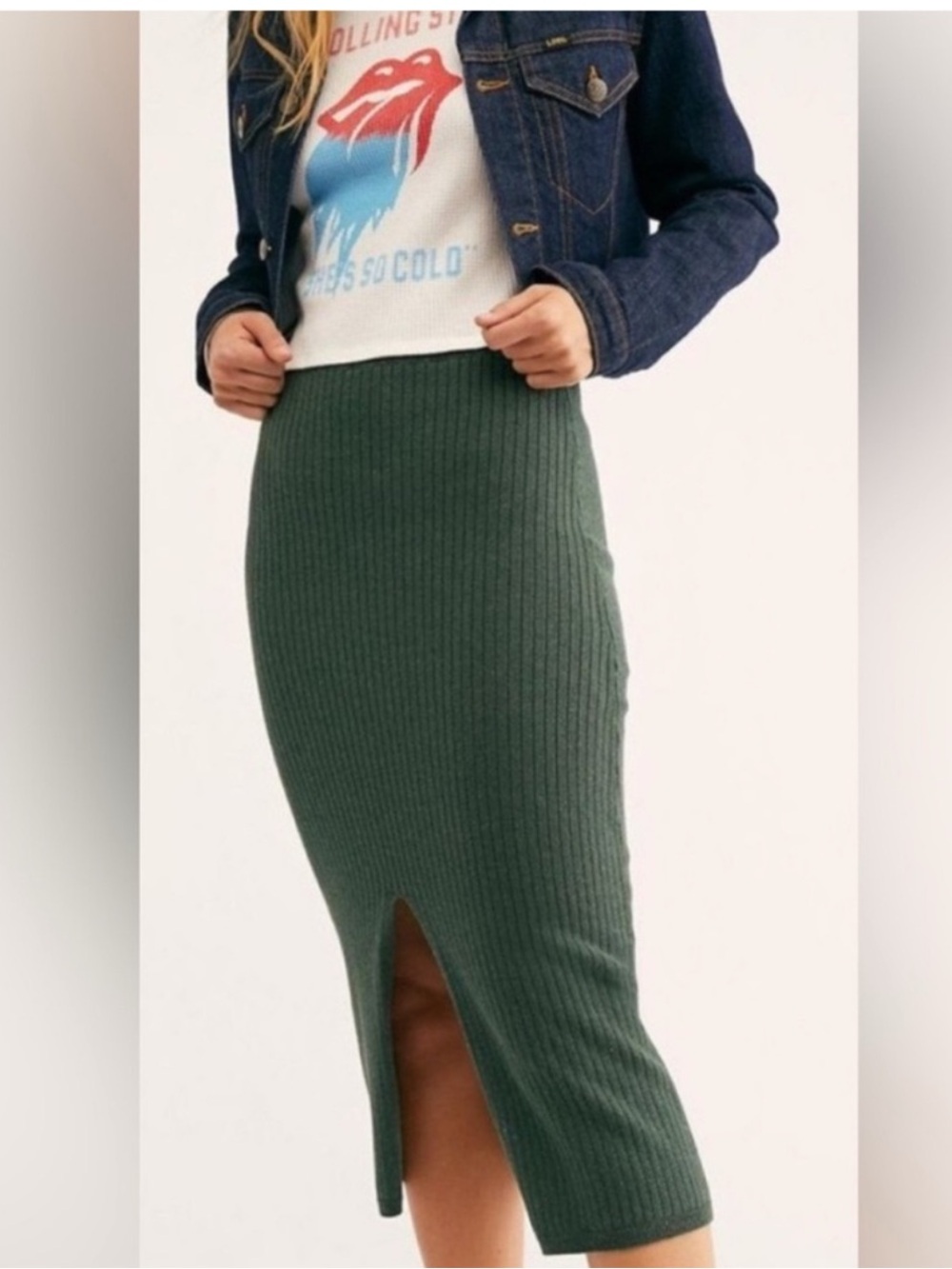 FREE PEOPLE Skyline Midi Sweater Skirt - Olive Green Heather - Small